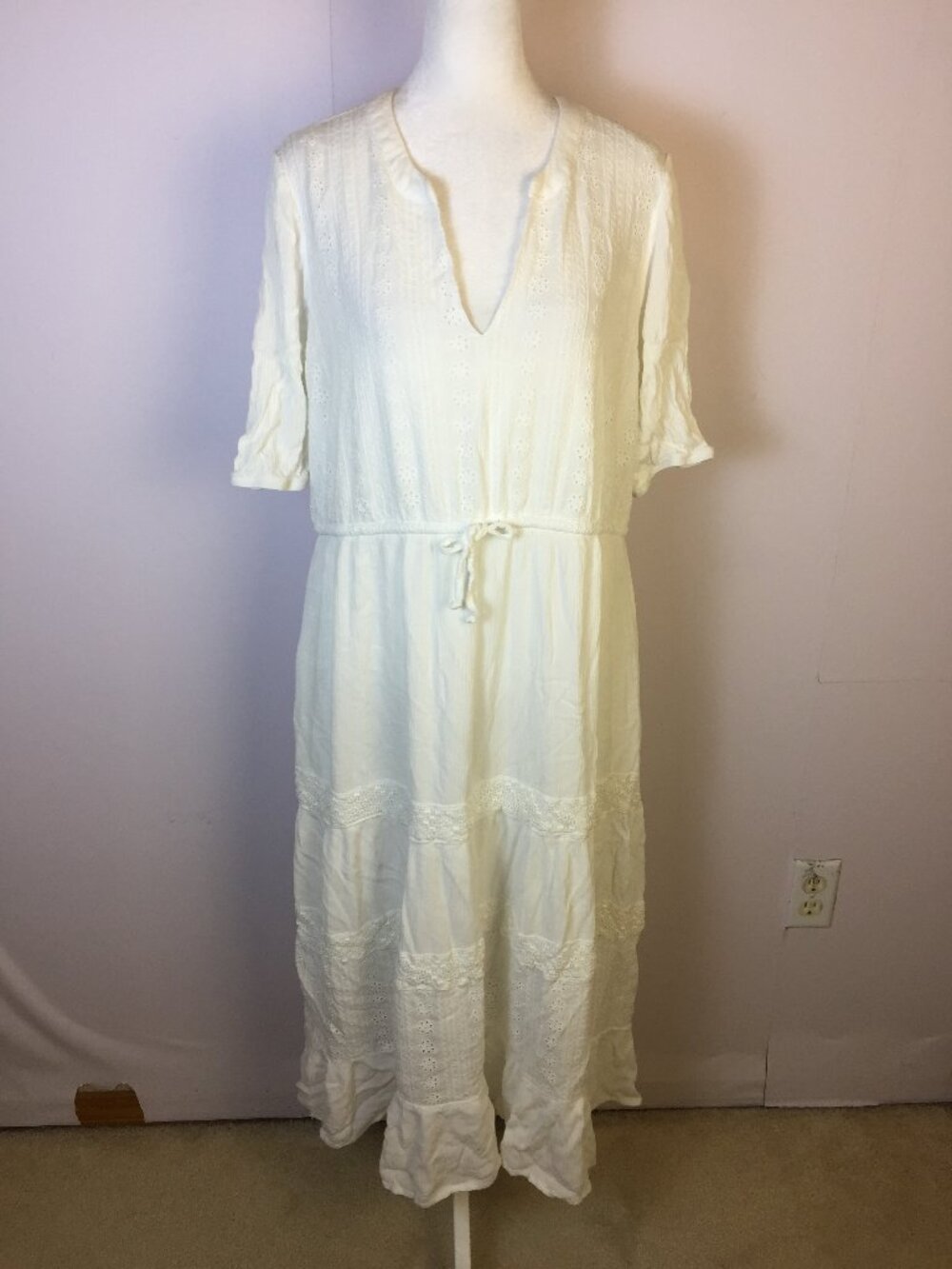 Knox Rose Midi Dress XL Womans White Rayon Short Sleeve Drawstring Waist Boho